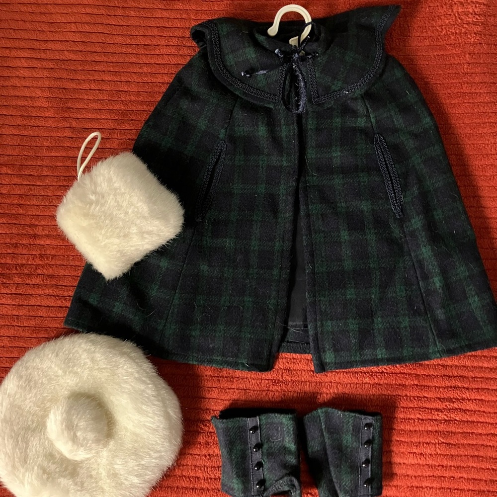 American Girl Doll Cape-Classic Plaid Design, fur beret and muff, and gaiters.